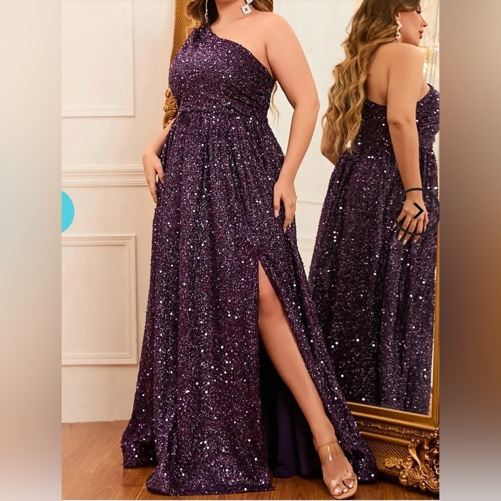 Plus One Shoulder Sleeveless Sequin A Line Dress. - Picture 2 of 5